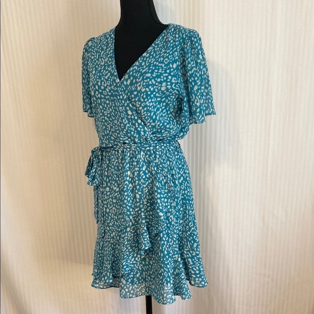 Romantic Flowy Dress Turquoise Blue and White Ruffled Brunch V-Neck Dress Small - Picture 6 of 10